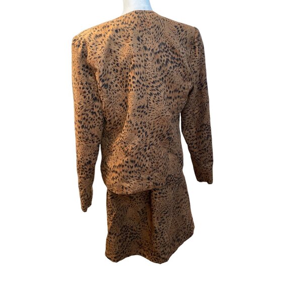 Brown Animal Print Long Sleeve Two Piece Skirt Top Set V Neck Front Zipper Sz M - Picture 2 of 13